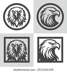 Eagle head. Set of vector logos, front and side views in tattoo style. Majestic symbol of freedom, strength, pride and protection. Sharp features and clear profile of eagle head in circle or square.