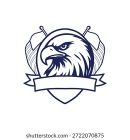 Logotipo del escudo de la cabeza del águila con las banderas cruzadas y el Vector monoline del Anuncio