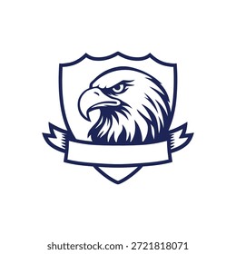 Eagle Head Shield Logo with Wings and Ribbon in Vintage Line Art Style