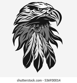 Eagle head with Tribal Feathers, Hawk mascot graphic, Portrait of a bald eagle. Vector