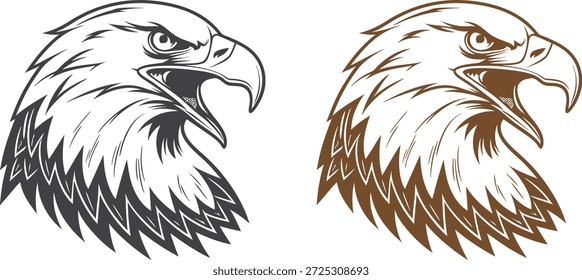 Ilustração do vetor da cabeça da águia em variações de cor preta e marrom. Poderoso design de mascote de aves, arte feroz da vida selvagem, estilo de arte de linha arrojada isolado no fundo branco.