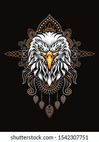 Eagle head vector illustration with mandala as the background ornament, suitable for apparel merchandise, t-shirt or outerwear.