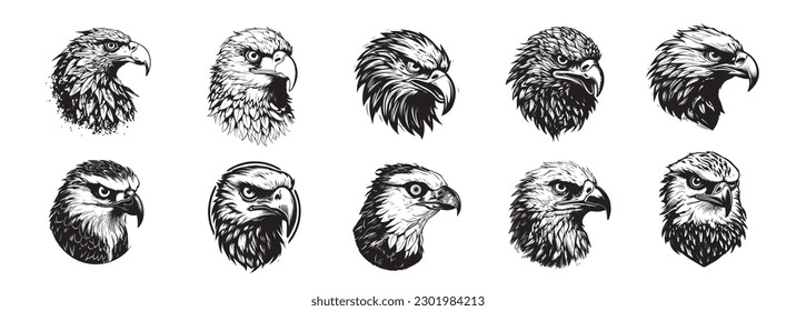 Eagle heads black and white vector. Silhouette svg shapes of eagle illustration.