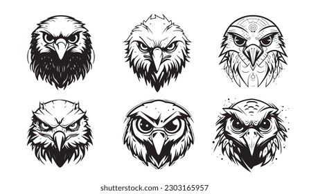 Eagle heads black and white vector illustration.