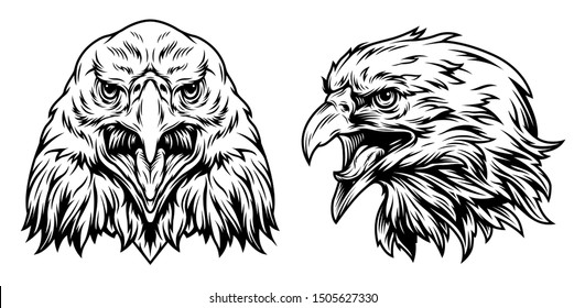 Eagle heads front and side views in vintage monochrome style isolated vector illustration