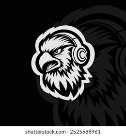 Eagle with headset, mascot esport logo design, black white