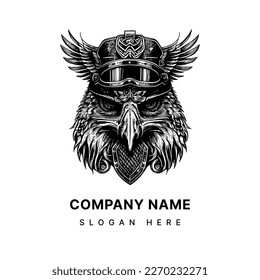 eagle with helmet logo illustration depicts a majestic bird of prey wearing a helmet, symbolizing strength, courage, and protection