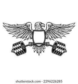 Eagle holding a barbell. Gym mascot. Design element for logo, label, sign, emblem. Vector illustration