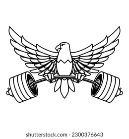 Eagle holding a barbell. Gym mascot. Design element for logo, label, sign, emblem. Vector illustration