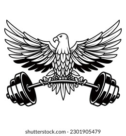 Eagle holding a barbell. Gym mascot. Design element for logo, label, sign, emblem. Vector illustration