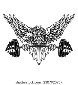 Eagle holding a barbell. Gym mascot. Design element for logo, label, sign, emblem. Vector illustration