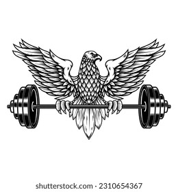 Eagle holding a barbell. Gym mascot. Design element for logo, label, sign, emblem. Vector illustration