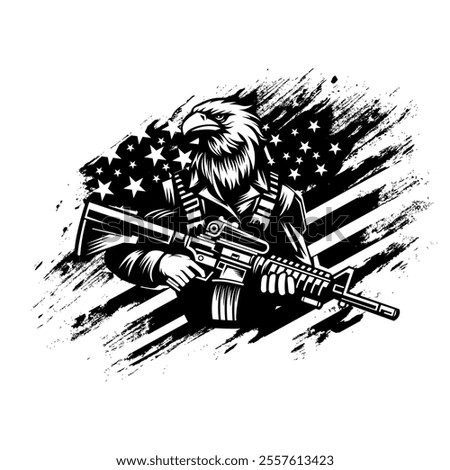 An eagle holding a rifle with an American flag in the background. black and white vector illustration