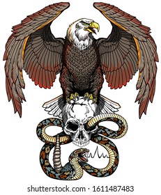 Eagle, Human Skull And Snake. Tattoo Vector Illustration