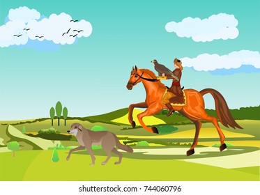 Eagle hunter nomad kazakh at the hunting, eagle hunting scene, man on horse, dog, vector illustration