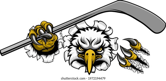 An eagle ice hockey player animal sports mascot holding a hockey stick