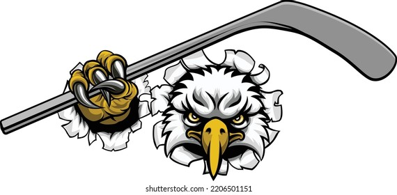 An eagle ice hockey player animal sports mascot holding hockey stick