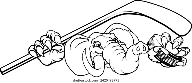 An eagle ice hockey player animal sports mascot holding a hockey stick and puck