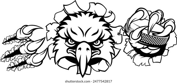 An eagle ice hockey player animal sports mascot holding a puck