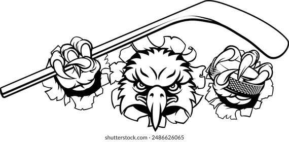 An eagle ice hockey player animal sports mascot holding a hockey stick and puck