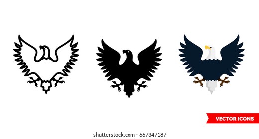 Eagle icon of 3 types: color, black and white, outline. Isolated vector sign symbol.