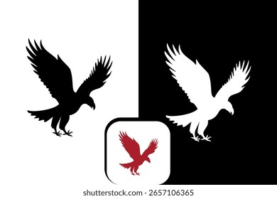 Icono de águila. Águila volando y abalanzándose. Icono de animal blanco y negro y rojo. Icono de silueta. Ilustración de águila.