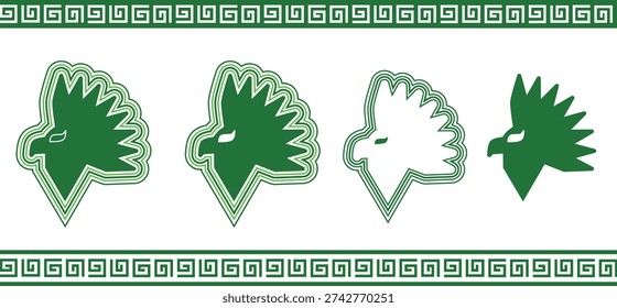 Eagle icon set inspired by Mexican, Aztec and Mesoamerican culture, featuring a stylized geometric bird symbol in multiple visual styles including flat color, outline line icon and solid silhouette. The design evokes traditional pre-Hispanic art and cultural heritage, making it ideal for projects related to Mexico, Latin American identity and ancient civilizations.