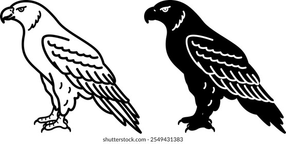 Eagle Icons. Black and White Vector Illustrations. Bird of Prey. Symbol of Courage and Fearlessness. For Coloring Book Design. Animals Concept