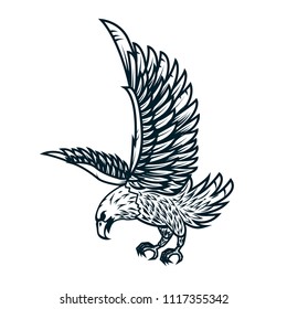Eagle illustration on white background. Design element or poster, card, print, emblem, sign. Vector image