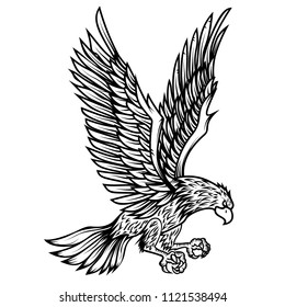 Eagle illustration on white background. Design element for poster, card, print, logo, label, emblem, sign. Vector image