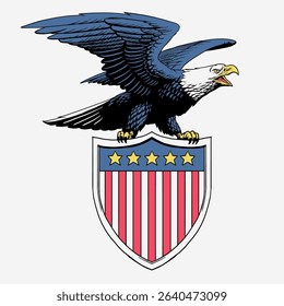 Eagle Illustration Perched on American Shield