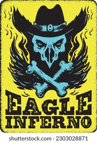 Eagle Inferno, gang, vintage poster, retro, t shirt, print, blazing, firing, cyan and yellow colors, art, music, 1960, old west, gangster