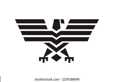 Eagle isolated sign. Vector heraldic black falcon bird symbol with spread wings. Hawk geometric shape design for sport team mascot, army, military shield, security coat of arms