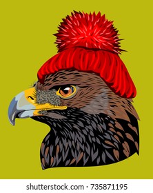 Eagle, in a knitted red hat with a pompon and scarf