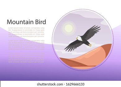 Eagle, landscape with flying bird over the mountain landmark vector illustration banner. Mountaneous birds ornitology web site or banner. Bald eagle and sunset.
