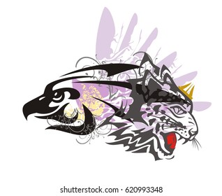 Eagle and leopard symbol. Tribal imaginary animal formed by the eagle head and the aggressive leopard head in grunge style great for vehicle graphics and T-shirt designs