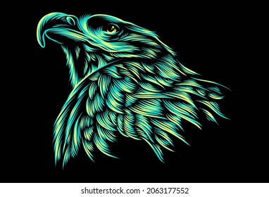 Eagle line art vector illustration in neon color. Detail artwork for tattoo, apparel, merchandise, wall decoration. Vector graphic Eps 10