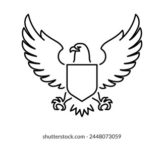 Águila, icono de línea. Águila pájaro y escudo vacío. Abra las alas. Ilustración lineal minimalista, trazos editables, contorno, pictograma