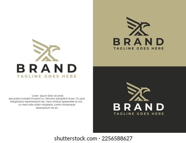 Eagle linear logo. Hawk heraldic emblem design editable for your business. Vector illustration.