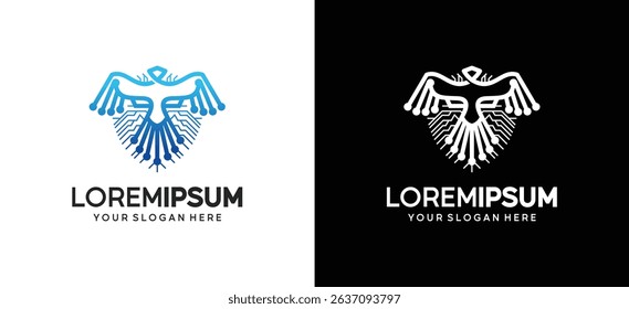 Eagle and lion or tiger face logo design in shield technology concept