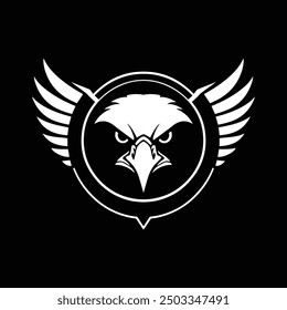 Eagle logo with circle of wings. black and white eagle head. outline design style. suitable for games, top ups, shops, brands. vector design template