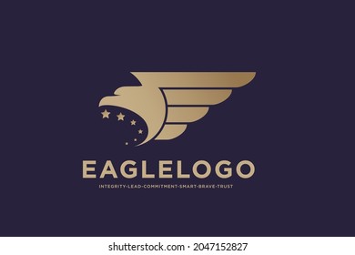 eagle logo design template, golden eagle head with crown vector graphic design concept illustration