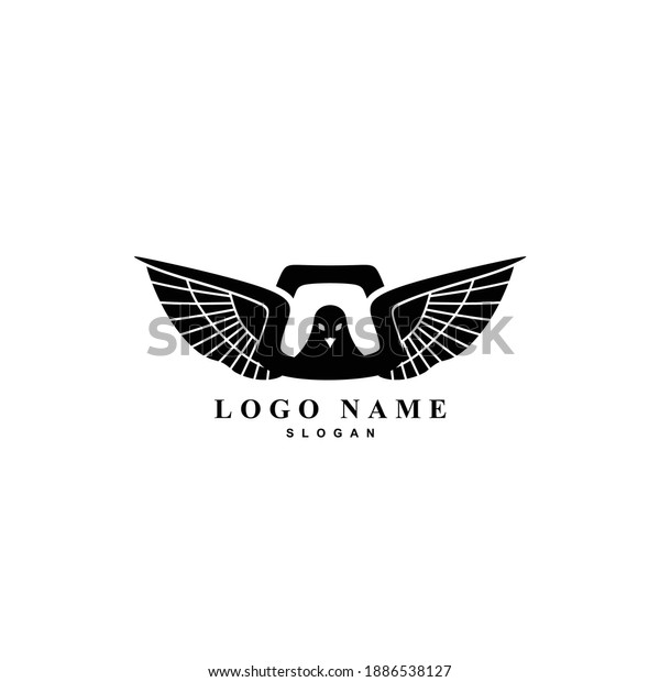 Eagle logo design\
vector. With silhouette of wing. Hawk brand icon. Vintage classic\
falcon illustration. Automotive garage and reseller. Spare part\
shop and market