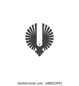 Eagle logo, emblem of a flying hawk hunter, silhouette of a bird of predator with wings directed upwards in the style of negative space, design element template for printing on a T-shirt.