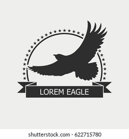 Eagle logo. Emblem template with bird, stars and ribbon. Vector illustration.