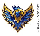 Eagle Logo. The logo is a fierce, vibrant, soaring eagle. Use the colors blue and gold. Make the colors vibrant and exciting.