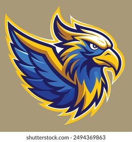 Eagle Logo. The logo is a fierce, vibrant, soaring eagle. Use the colors blue and gold. Make the colors vibrant and exciting.