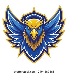 Eagle Logo. The logo is a fierce, vibrant, soaring eagle. Use the colors blue and gold. Make the colors vibrant and exciting.