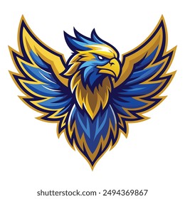 Eagle Logo. The logo is a fierce, vibrant, soaring eagle. Use the colors blue and gold. Make the colors vibrant and exciting.