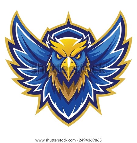 Eagle Logo. The logo is a fierce, vibrant, soaring eagle. Use the colors blue and gold. Make the colors vibrant and exciting.